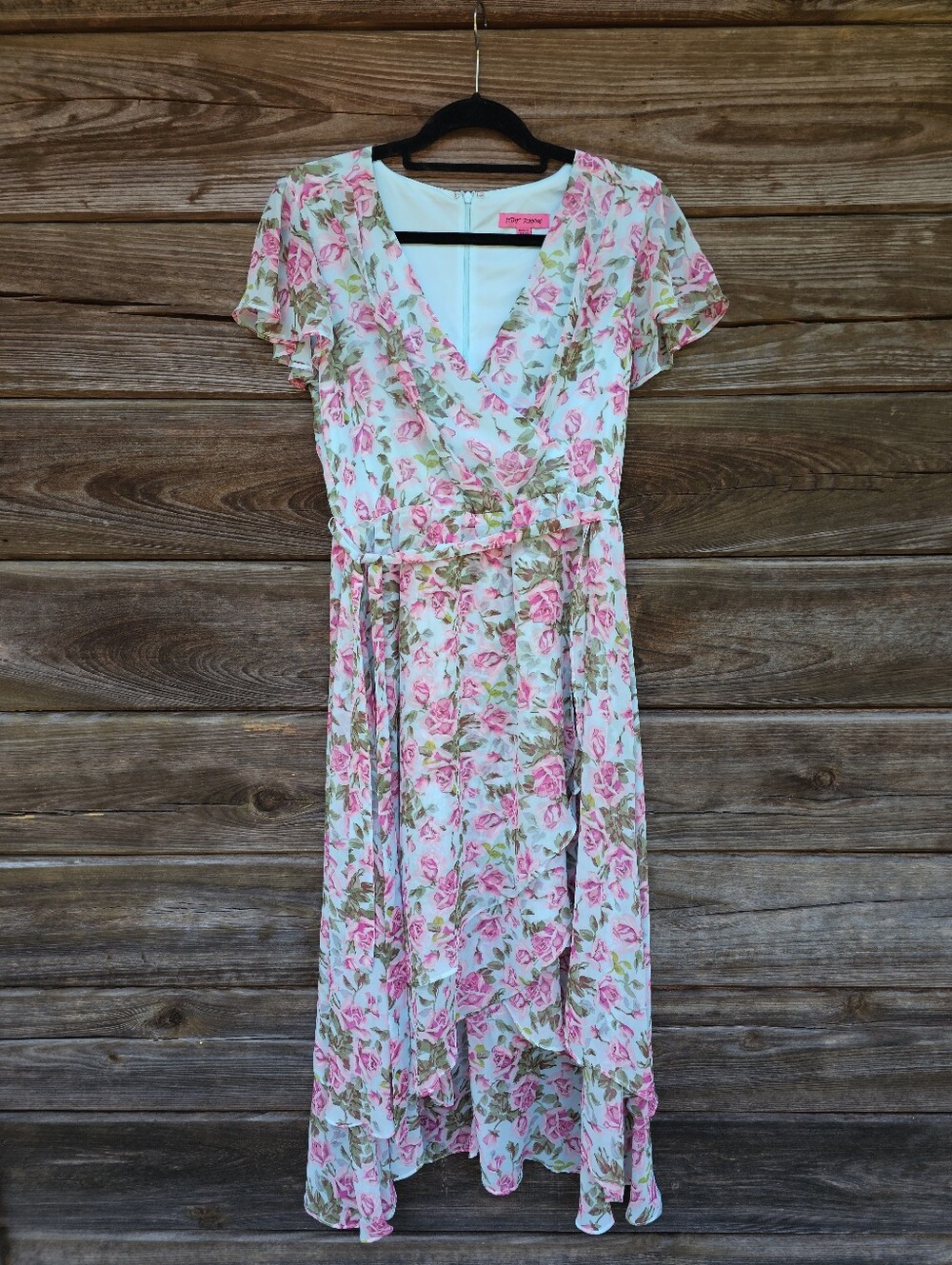 NWT Betsey Johnson Size 8 Fair Aqua Floral Rose High Low Midi Dress